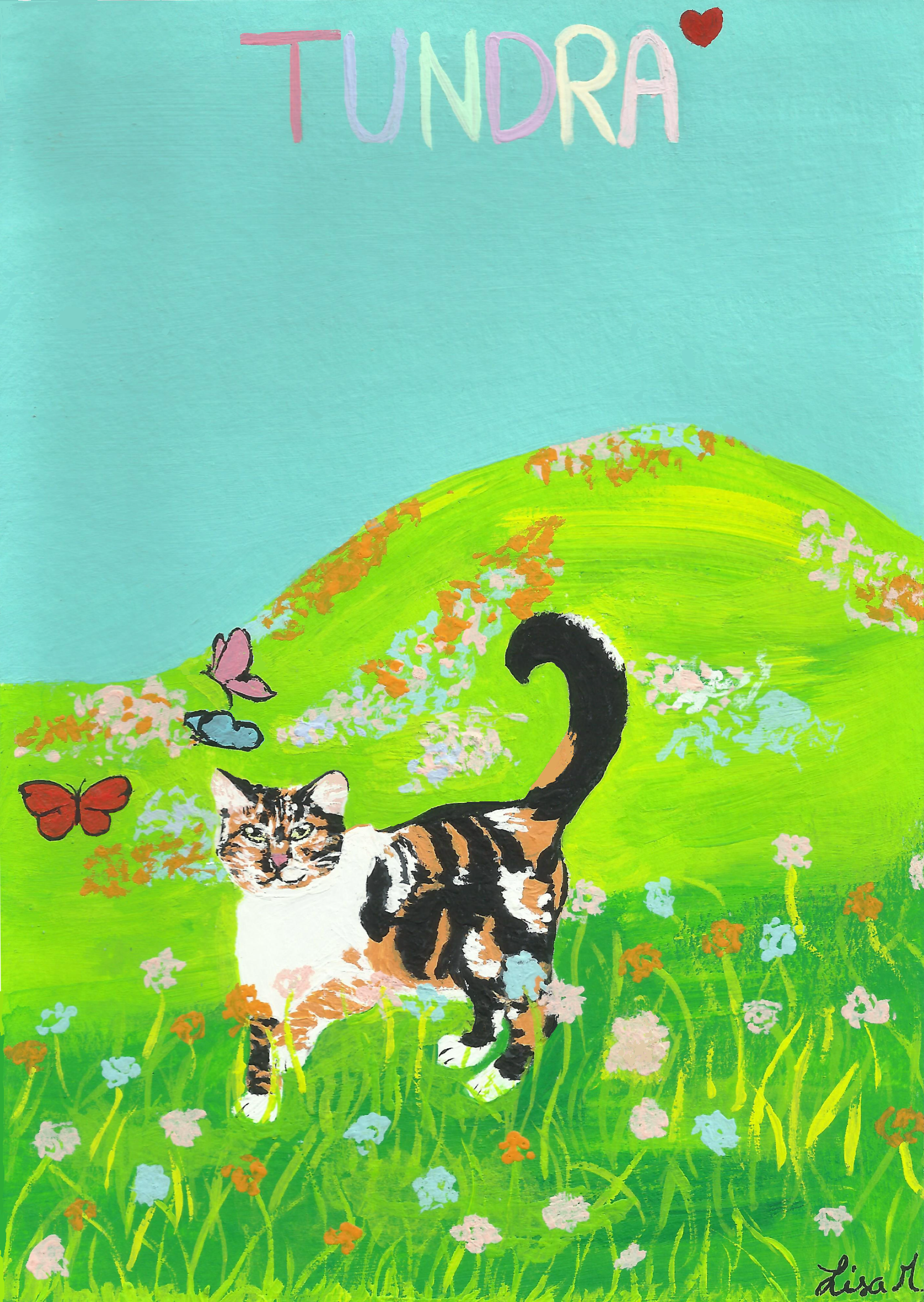 Peinture chat dans un champ de fleurs