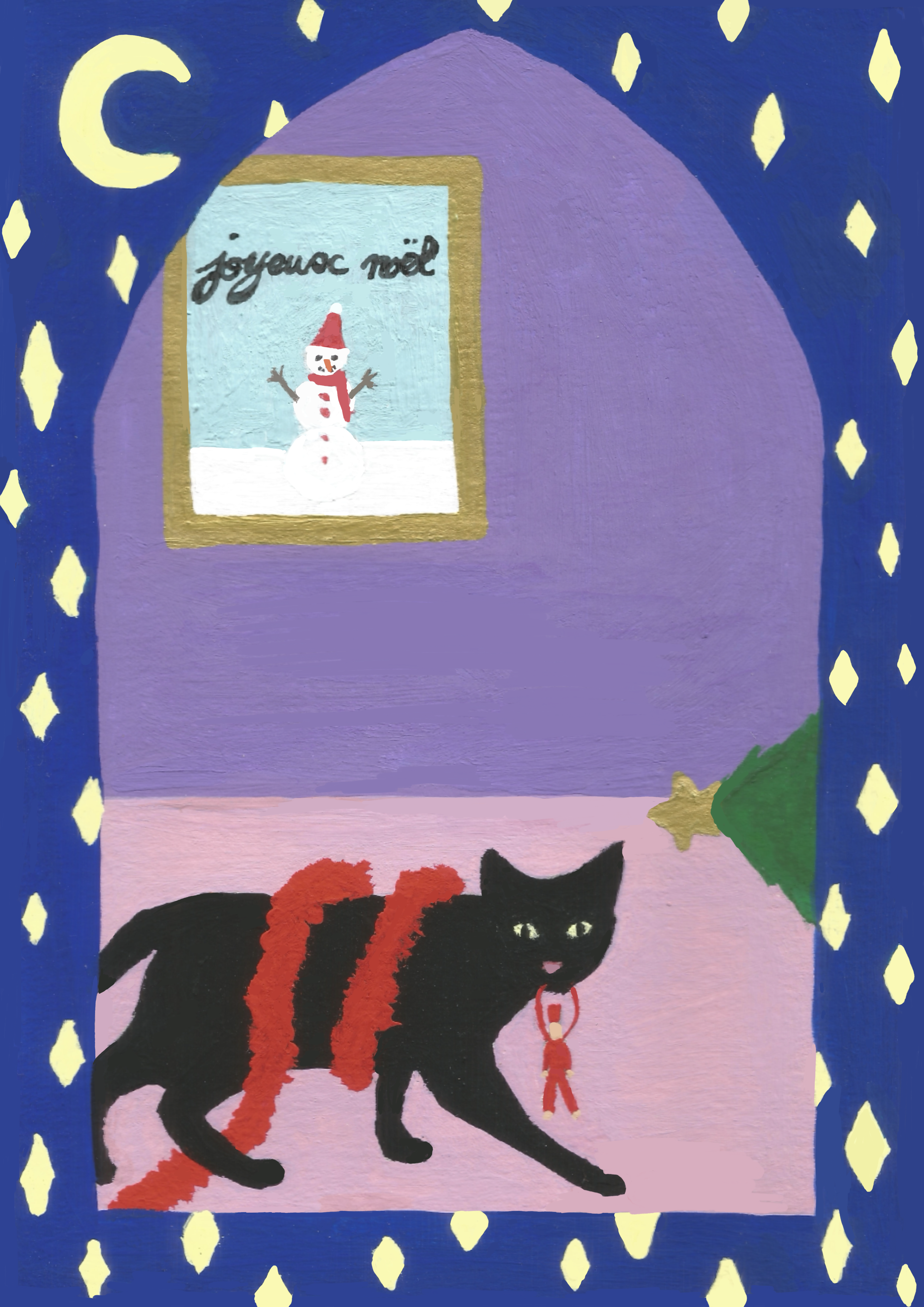 Peinture Noël chat noir